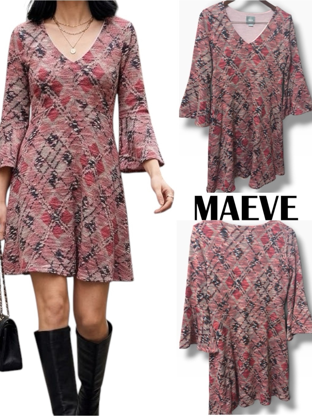Anthropologie Maeve | NWOT Pink Black Plaid Bell-Sleeve Dress (Size S)
